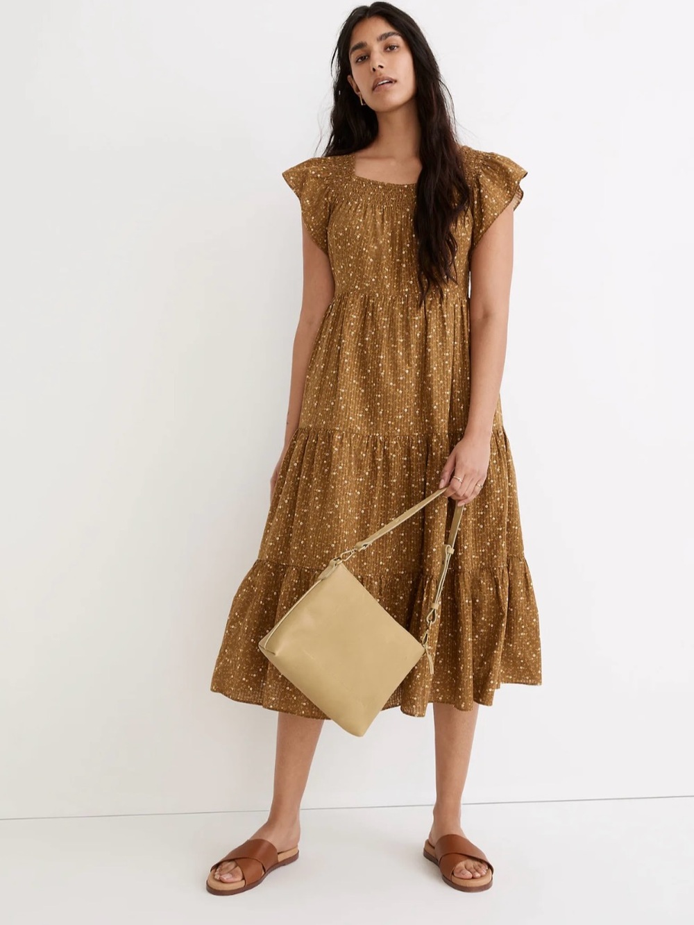 Madewell Ruffle-Sleeve Tiered Midi Dress in Daisy Stitch Olive Small